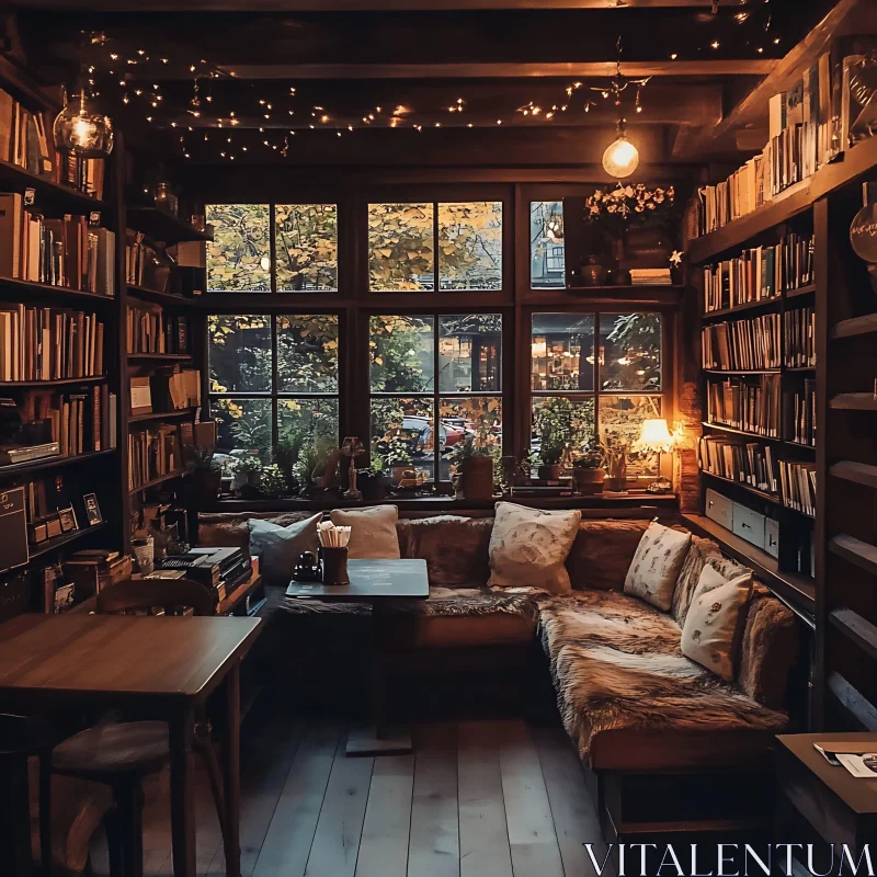 A Cozy Library Interior with Warm Lighting AI Image