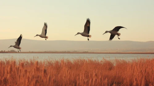 Birds in Flight Over Water: A Prairiecore Landscape