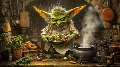 Fantasy Character Cooking in Rustic Kitchen