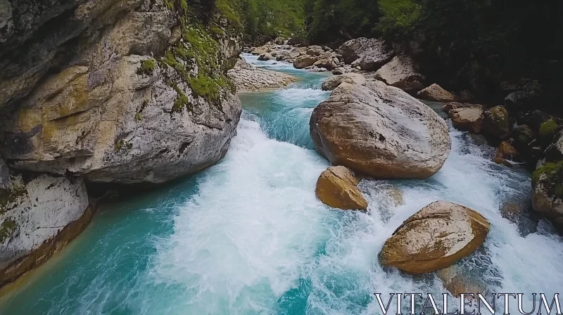 AI ART Turquoise River Flowing Between Rocky Cliffs