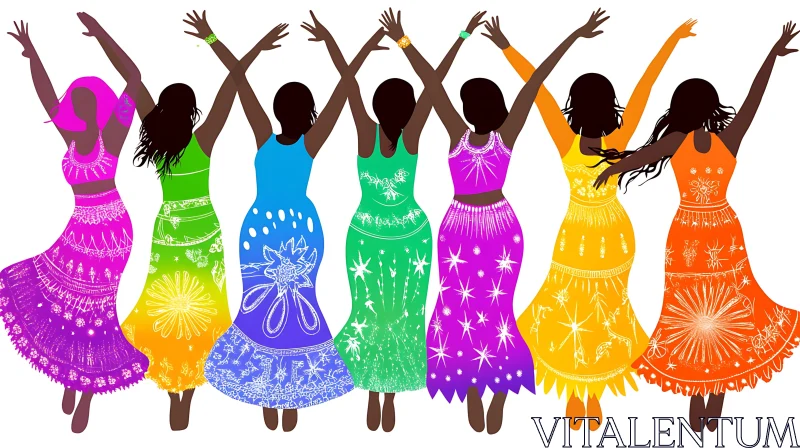 Rainbow Dresses Dancing Women Illustration AI Image