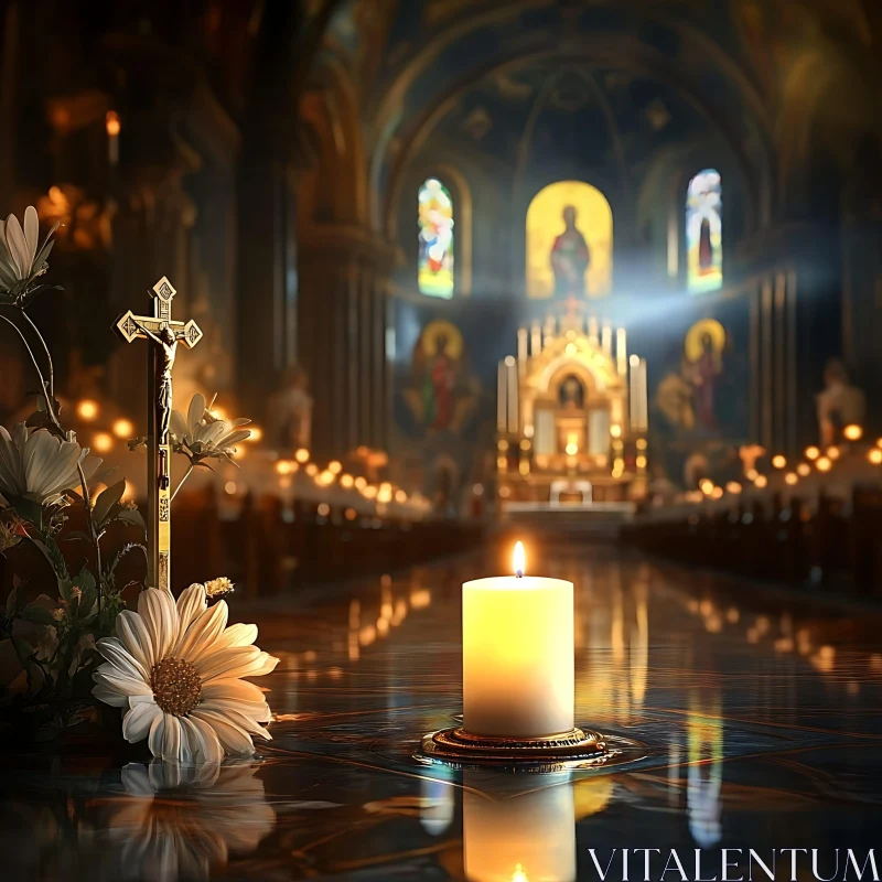 Serene Candle and Cross in Church AI Image