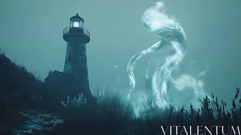 AI ART Coastal Apparition Near Old Lighthouse