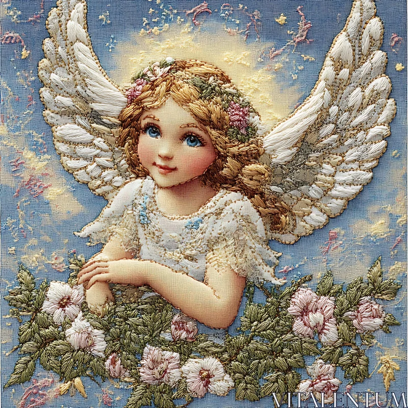 Embroidered Angel Child in Floral Setting AI Image