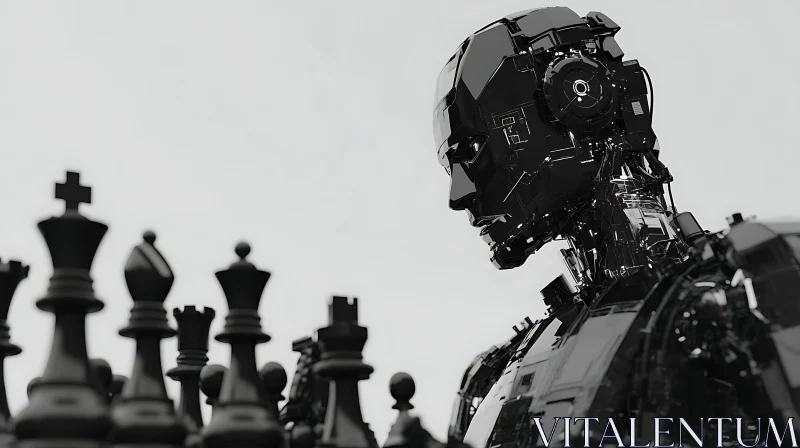 Monochrome Robot Chess Mastermind AI Image