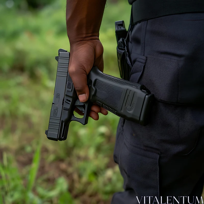 Individual Gripping a Black Semi-Automatic Handgun AI Image