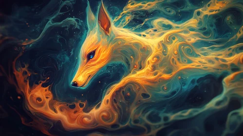 Abstract Fox Art with Gold and Teal