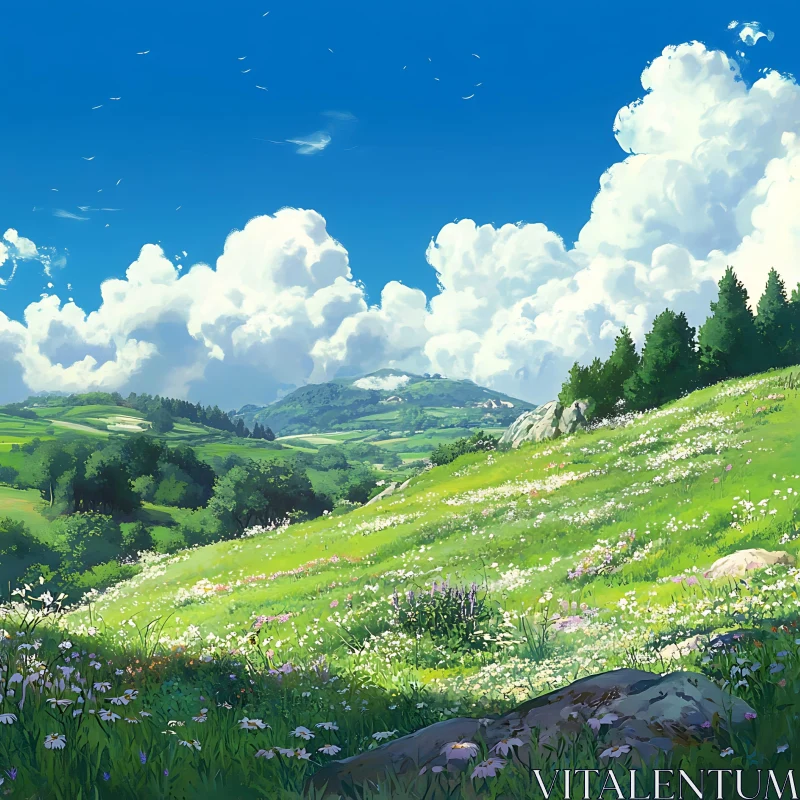 AI ART Picturesque Meadow Landscape with White Clouds