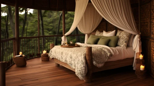 Enigmatic Atmosphere: A Bed on a Wooden Deck in Secluded Settings