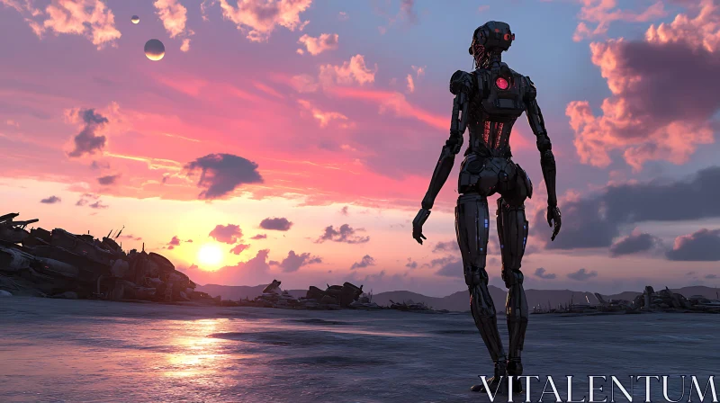 Robot at Sunset in a Futuristic World AI Image