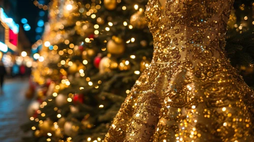 Glamorous Golden Dress Hanging Against Festive Christmas Tree