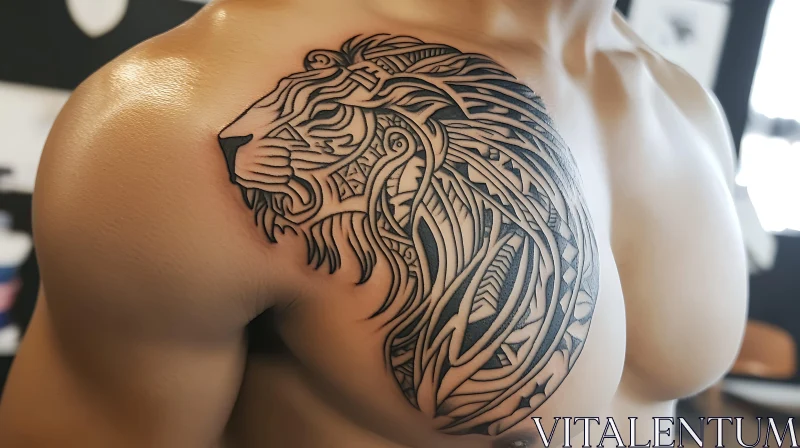 Detailed Tribal Lion Chest Tattoo AI Image