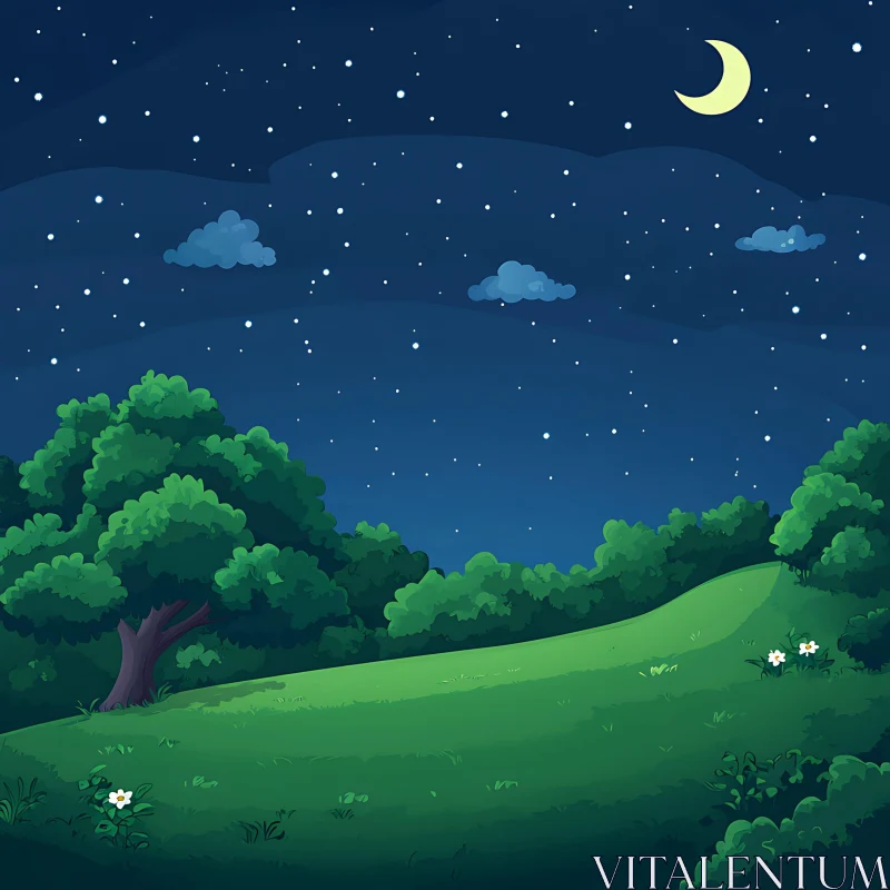 Moonlit Field Under Starry Sky AI Image