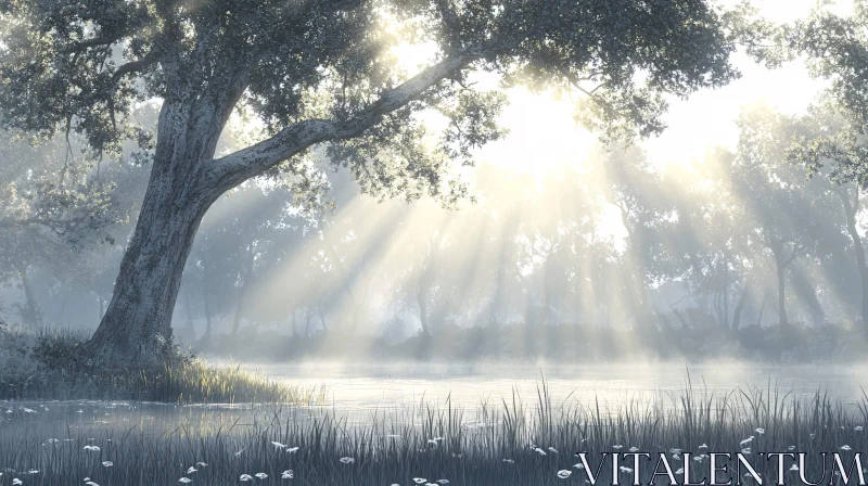 AI ART Sunlit Misty Forest Scene