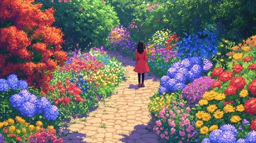 Woman in Pixelated Floral Landscape