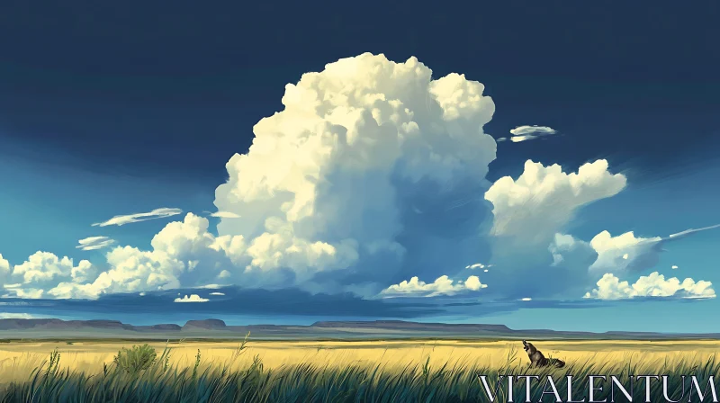 Field Landscape with Wolf and Clouds AI Image