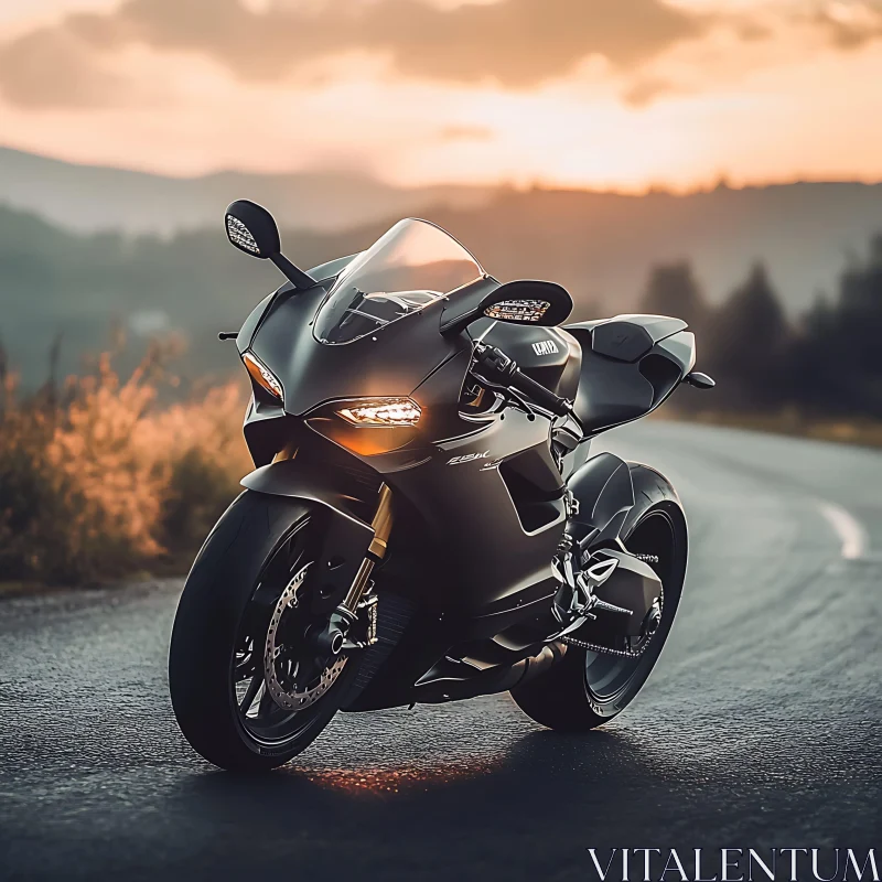 Sportbike on Asphalt, Sunset Backdrop AI Image