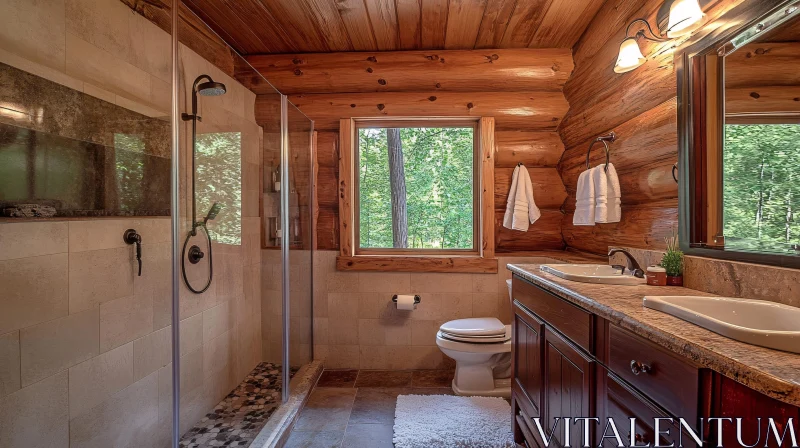 Cozy Wooden Bathroom with Forest View AI Image