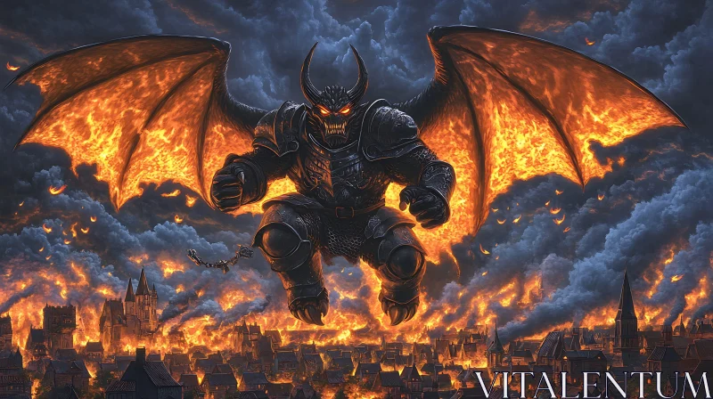 Fiery Wings of Destruction over the City AI Image