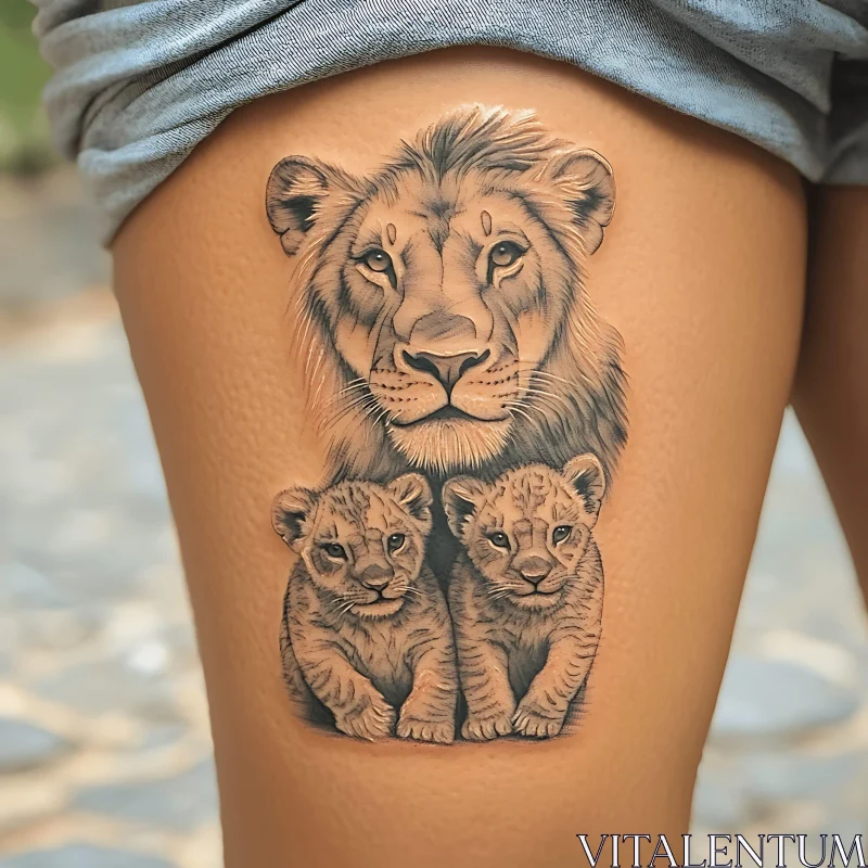 Lion and Cubs Thigh Tattoo AI Image