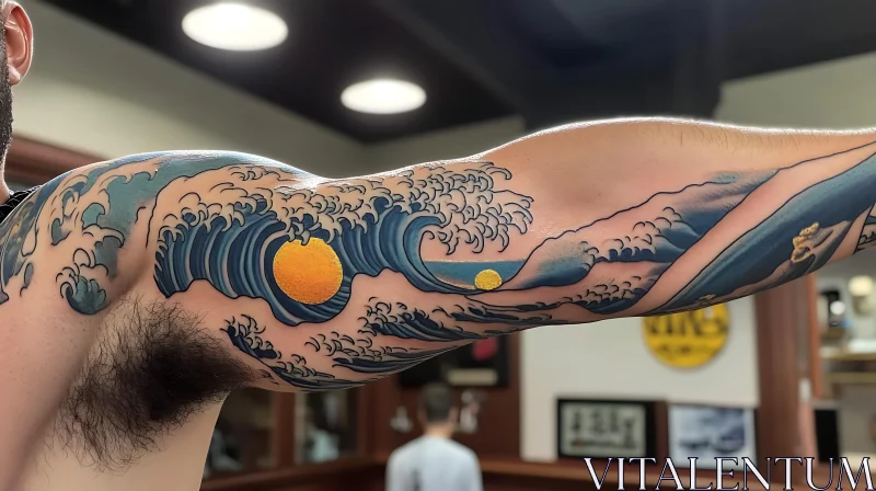 Intricate Ocean Wave Tattoo on Arm AI Image