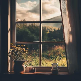 Rustic Window with Landscape and Flowers