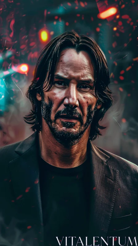 Moody Portrait of Keanu Reeves in Dark Setting AI Image