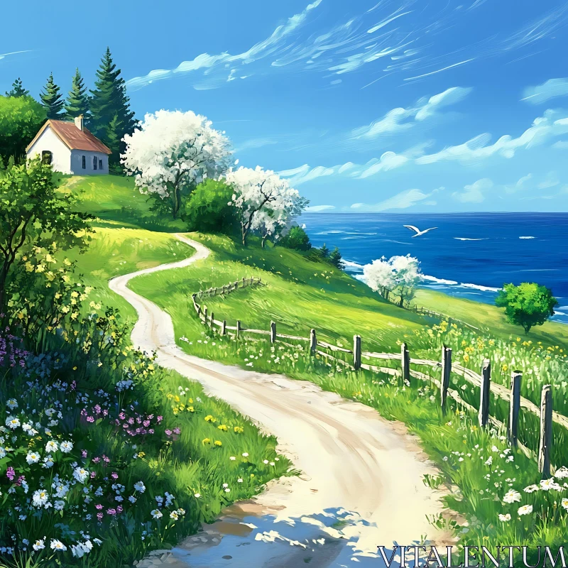 AI ART Scenic Coastal House with Blooming Trees