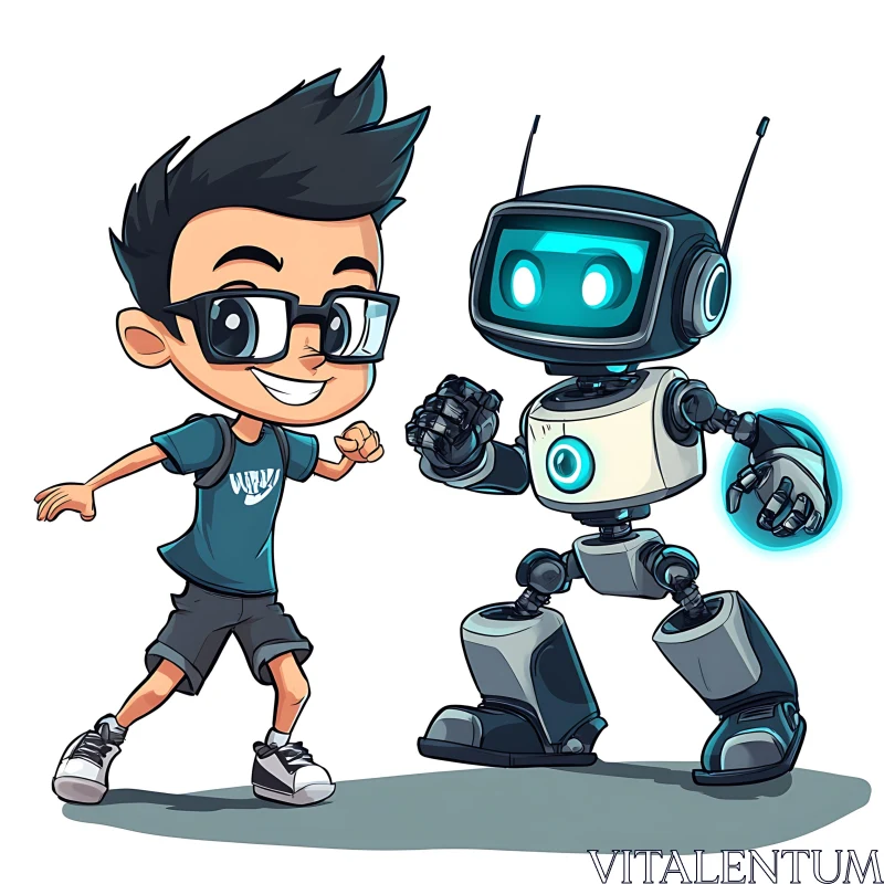 AI ART Cartoon of Boy Interacting with Robot