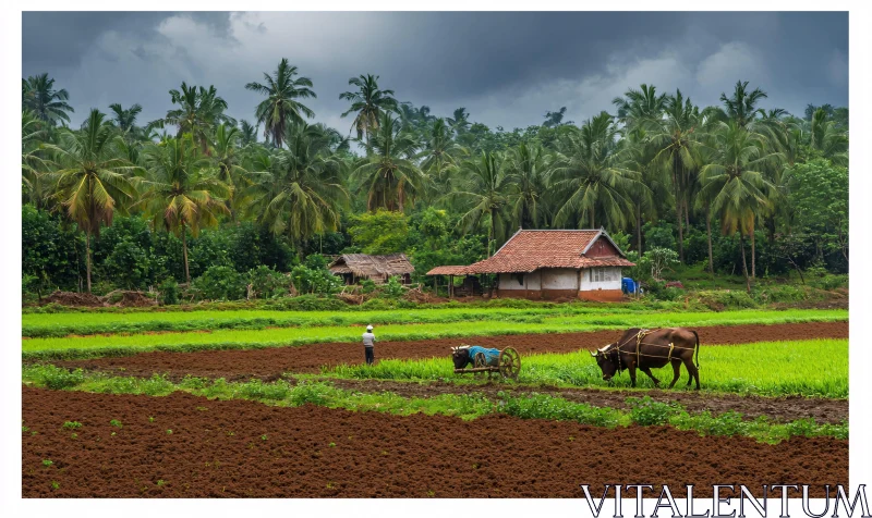 Peaceful Countryside: Farmer and Oxen at Work AI Image