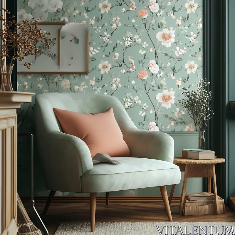 Elegant Armchair with Floral Wallpaper AI Image