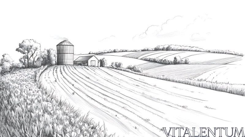 Rural Farm Scene in Black and White AI Image