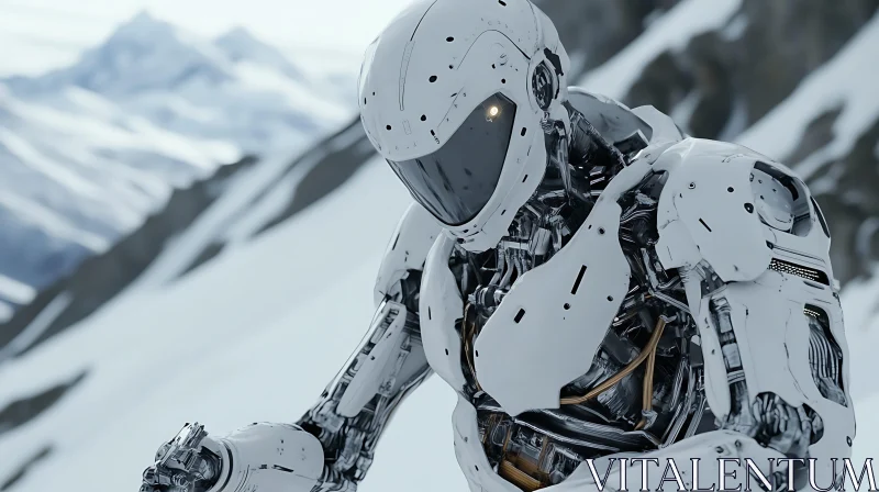 Advanced Robot Amidst Snowy Peaks AI Image