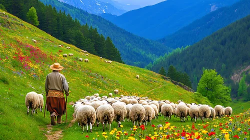 Shepherd and Sheep in Alpine Meadow