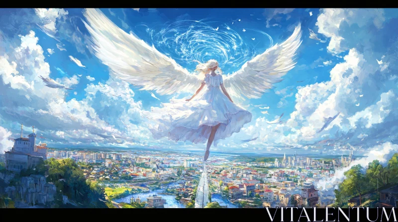 Winged Angel Over Urban Landscape AI Image