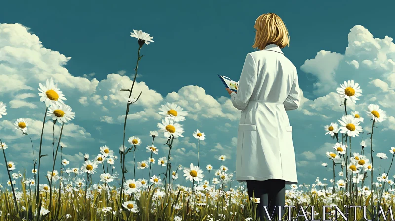 Woman in White Coat Amidst Daisies AI Image