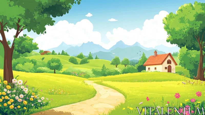 Cartoon Countryside Scene with Cottage AI Image