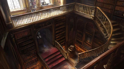 Vintage Library with Books and Stairs