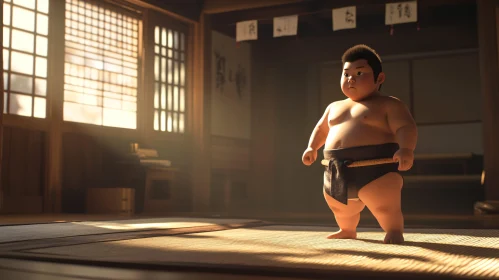 Boy Practicing Sumo in Dojo