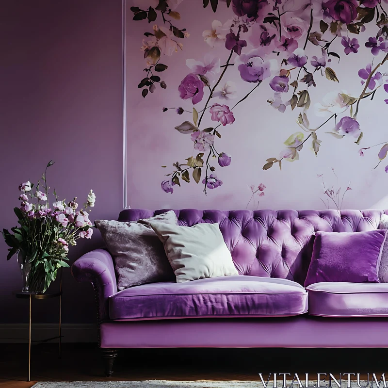 AI ART Plush Purple Sofa and Floral Wall Decor