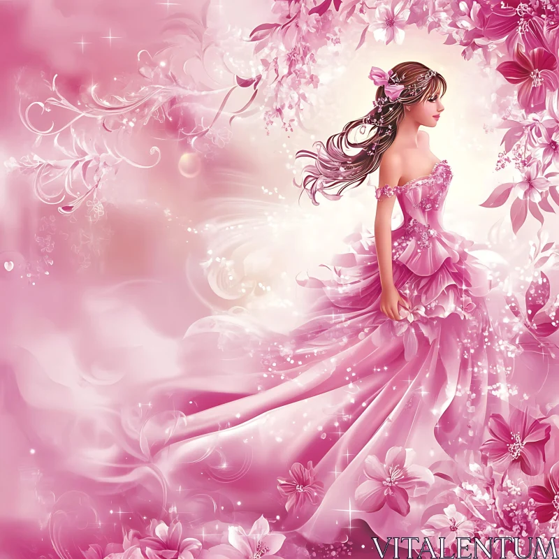 Floral Woman in Pink Gown AI Image