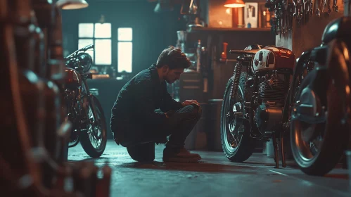 Pensive Mechanic with Vintage Bikes