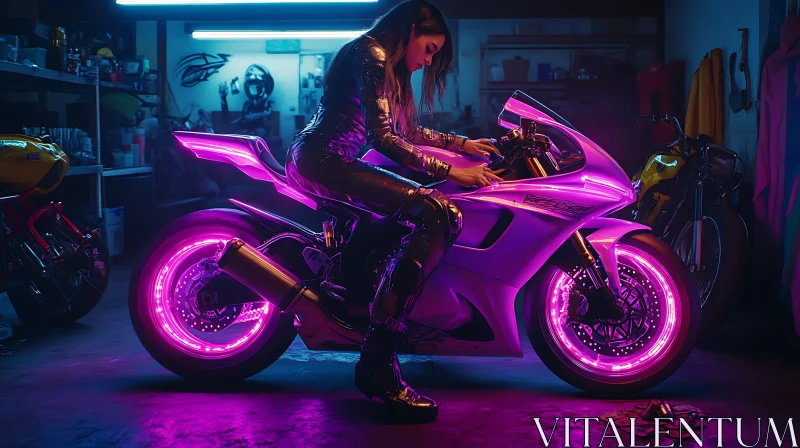 AI ART Woman on Motorcycle with Neon Lights