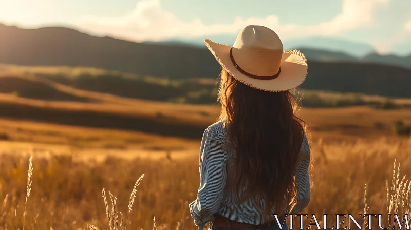 Woman in Cowboy Hat Enjoying Sunset AI Image