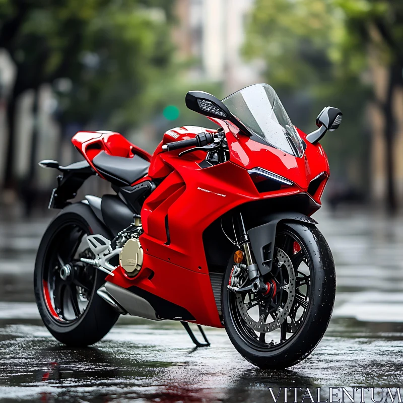 Sleek Red Motorcycle Urban Scene AI Image