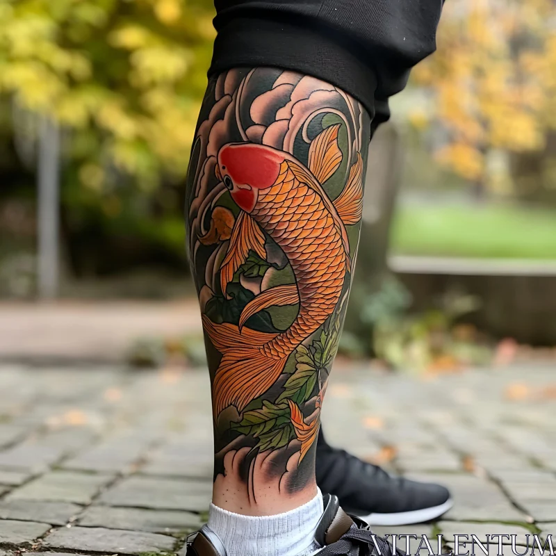 Vivid Koi Fish Leg Tattoo AI Image