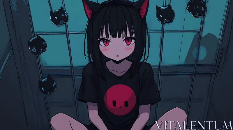 Illustration of Anime Girl with Cat Features AI Image