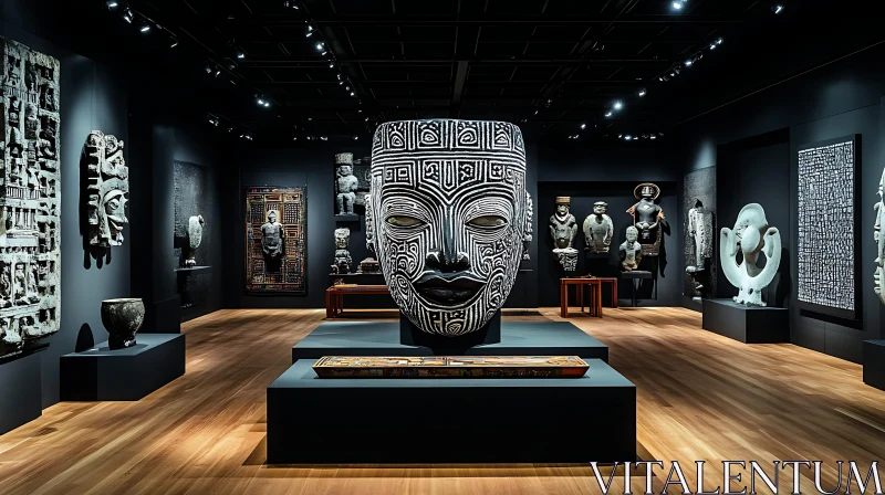 Museum Display of Ancient Masks and Artifacts AI Image