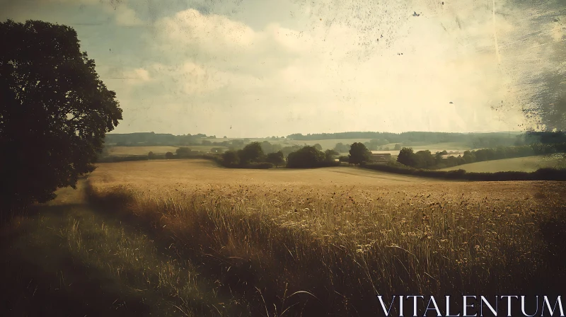 Peaceful Rural Landscape with Wheat Field AI Image