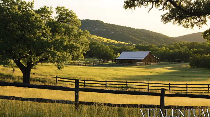 Idyllic Countryside Scene with Wooden Barn AI Image